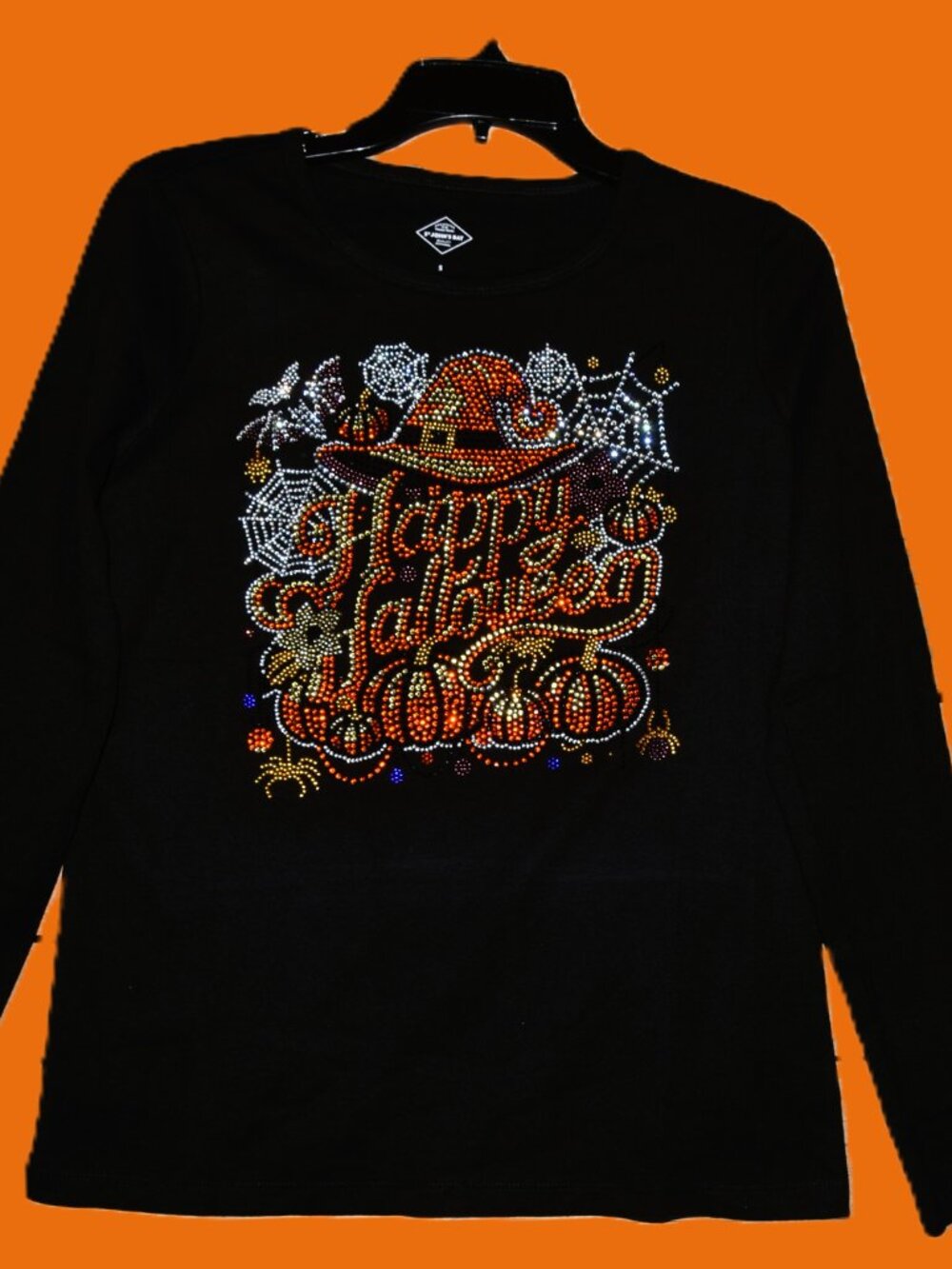 Halloween hinestone bling black long sleeve shirt XS S M L XL XXL 1X 2X 3X 4X 5X